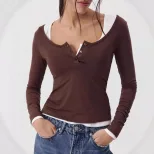 Modal Knit Long Sleeve Womens T Shirt Slim Fit U Neck Button Detail Casual Wear Spring Fall Whol