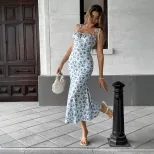 Summer Floral Print Maxi Dress Sweet Design Slim Fit Spaghetti Straps Casual Wear for Women Whol