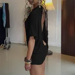Summer Womens Dress Fashionable Sexy Short Sleeve Round Neck Solid Color Backless Bodycon Style