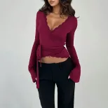 Wine Red Lace V Neck Tie Waist Flare Sleeve Crop Top Unique Design Stylish Fit Spring and Autumn