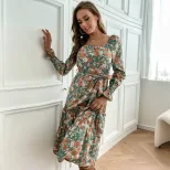 Vintage Floral Print Long Sleeve Dress Slim Fit Ruffled Design Square Neckline Perfect for Sprin