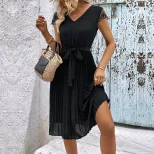 Summer Elegant Lace Pleated Dress Sweet Design Solid Color European and American Style Perfect f