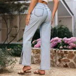 Casual Straight Leg Denim Jeans High Split Design European and American Style Comfortable Fit Wh