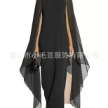 欧美跨境雪纺连衣裙 外贸时尚纯色披肩开叉不规则礼服长裙