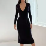 Womens V Neck Midi Dress Simple Solid Color Adjustable Waist Drawstring Spring Summer Casual Wea
