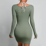 Long Sleeve Square Neck Dress Sexy Design Tie Waist Mid Waist Bodycon Fit Winter Fashion for Par