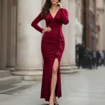 V Neck Velvet Maxi Dress Slim Fit Side Slit High Waist Ruched Design Spring Summer Evening Wear