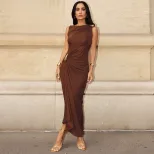Sleeveless Bodycon Dress Solid Color Metallic Accents Side Slit Autumn Fashion for Women Wholesa