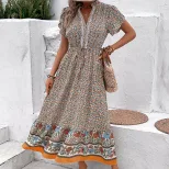 Floral A Line Dress for Women Short Sleeve Khaki Summer Casual Wear OEM ODM service