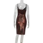 Bodycon V Neck Dress Sexy High Waist Gold Foil Detail Split Hem Sleeveless Evening Wear or Cockt