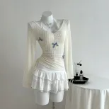Lace Bow Tie Neck Long Sleeve T Shirt Slim Fit Elegant Design Comfortable Fabric Perfect for Cas