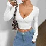 V Neck Long Sleeve Crop Top Solid Color Stylish Design Sexy Fit Spring Summer Womens Fashion Who