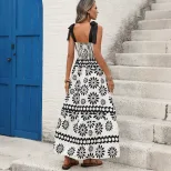 Bohemian Floral Print Backless Maxi Dress Adjustable Tie Straps Vintage Style Perfect for Summer