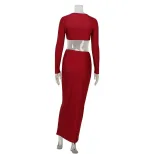 Chic Two Piece Set Strapless Crop Top Long Sleeve High Waist Bodycon Skirt Evening Wear Party Ou