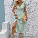 Sweet and Fresh V Neck Dress with Flutter Sleeves Solid Color Lightweight Fabric Perfect for Spr