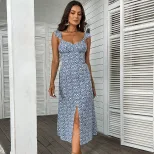 Floral Print Maxi Dress Sweet Country Style Sleeveless High Slit Lightweight Fabric Summer Casua