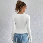 Slim Fit Long Sleeve T Shirt Square Neck Solid Color Casual Style Spring Summer Collection Whole