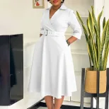 Plus Size Womens Dress Autumn Collection Stylish Lapel Design Solid Color Flared Skirt Wholesale
