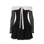 Cute Bow Tie Dress Color Block Design Doll Collar Short Length Autumn Fashion for College Style