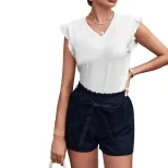 Casual V Neck Sleeveless T Shirt Ruffle Hem Loose Fit Solid Color Spring Fashion for Women Whole