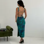 Sleeveless Backless Dress Off Shoulder Floral Print Ruched Asymmetrical Hem Mid Length Fashion f
