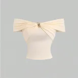 Womens Off Shoulder Short Sleeve Top Fashionable Metal Button Slim Fit Cropped Design Casual Wea