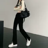 高腰显瘦牛仔裤女2023春季新款韩版学生百搭前开叉时尚休闲直筒裤