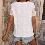 Lace Short Sleeve T Shirt Simple Design Hollow Out White Color Summer Vacation Wear Wholesale Av