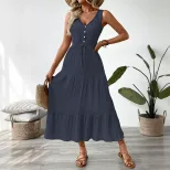 Sleeveless V Neck Summer Dress Minimalist Design Solid Color Adjustable Tie Casual Wear for Wome