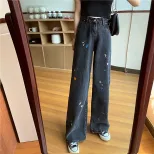 欧洲站2023春秋新款泼墨爱心牛仔裤女复古ins高腰宽松直筒阔腿裤