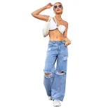 High Waisted Ripped Denim Straight Leg Pants Fashionable Distressed Water Washed Autumn Wear Who