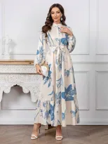 Modelyn Women s Floral Print Stand Collar Lantern Sleeve Ruf