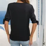 Lace Short Sleeve Top Versatile Minimalist Unique Tie Design Shoulder Cutouts Casual Wear Wholes