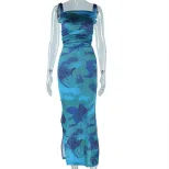 Sleeveless Backless Dress Off Shoulder Floral Print Ruched Asymmetrical Hem Mid Length Fashion f