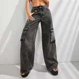 High Waisted Loose Fit Denim Cargo Pants Plus Size Big Pockets Comfortable Fabric Casual Wear fo