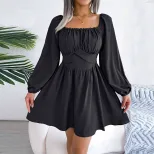 French Style Womens Dress Square Neck Pleated Waist Defining Slim Fit Autumn Winter Casual Wear