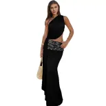 Sleeveless Sequin Trimmed Dress Sexy Backless Design Asymmetrical Neckline Solid Color Spring Fa
