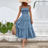 Casual Summer Dress Solid Color Adjustable Straps Waist Tie Design Beach Vacation Essential Whol