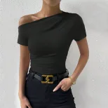 Womens Slim Fit Short Sleeve T Shirt Asymmetrical Neckline Solid Color Summer Style Wholesale Av