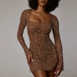 Elegant Square Neck Long Sleeve Dress with Rhinestones High Waist Chic Style Perfect for Parties