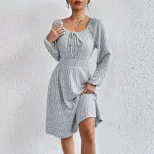 Womens Spring Summer Dress Square Neck Waist Tie Flared Skirt Long Sleeve Striped Fabric Casual
