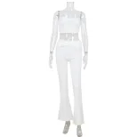 Chic Womens Two Piece Set Strapless Crop Top High Waisted Pants Stylish Form Fitting Solid Color