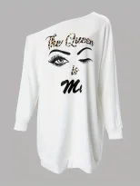 Printed Asymmetrical Shoulder Long Sleeve Dress Womens Casual Style Comfortable Fabric for Every