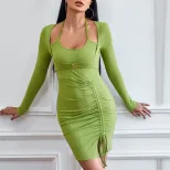 Womens Bodycon Mini Dress Two Piece Look Ruched Design Long Sleeve Knitted Fabric Perfect for Pa