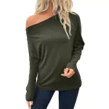 Casual Long Sleeve T Shirt Asymmetrical Neckline Solid Color Lightweight Fabric Spring Fall Wear