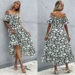 Summer Floral Off Shoulder Midi Dress Slim Fit Short Sleeve Waist Defining Casual Wear Wholesale