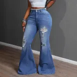 High Waisted Flare Jeans Stretchy Fashionable Distressed Design Casual Wear for Women Wholesale