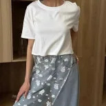 Loose Fit Womens T Shirt 3D Camellia Design Mesh Fabric Short Sleeve Cotton Casual Wear for Spri