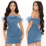 Sleeveless Bodycon Dress Stylish Patchwork Design Denim Fabric Off Shoulder Style Perfect for Pa