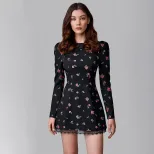 Floral Print Long Sleeve Bodycon Dress Heart Shaped Cutout Back Elegant Casual Wear for Spring a